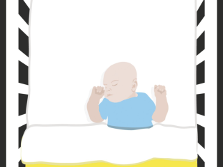 Graphic image from the Quick Read DadPad showing a baby in a safe sleep position - in a clear cot, on a firm, flat mattress, and with no loose bedding